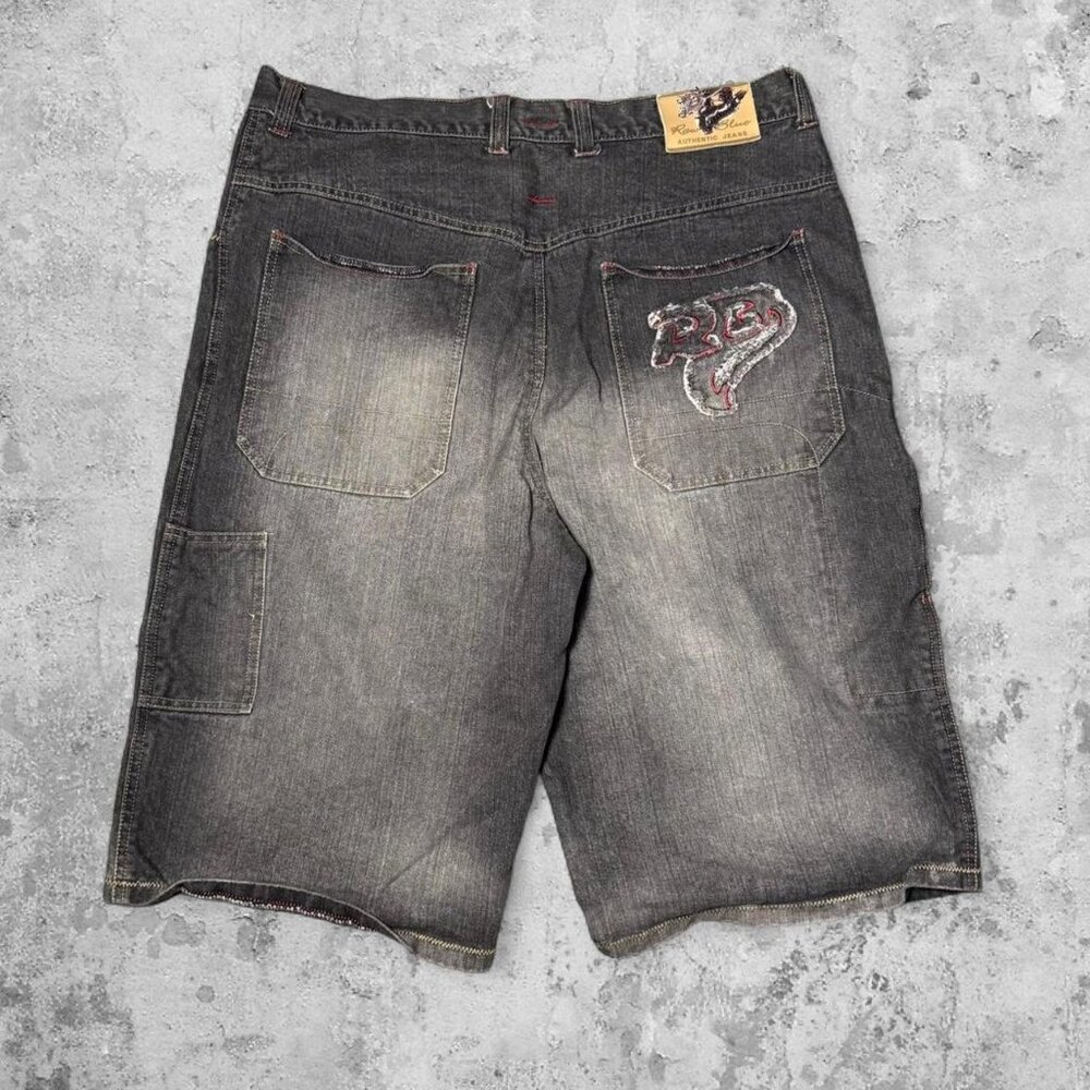Vintage Y2K Raw Blue Blackwash Denim Jorts 36 Faded Embroidered Baggy JNCO